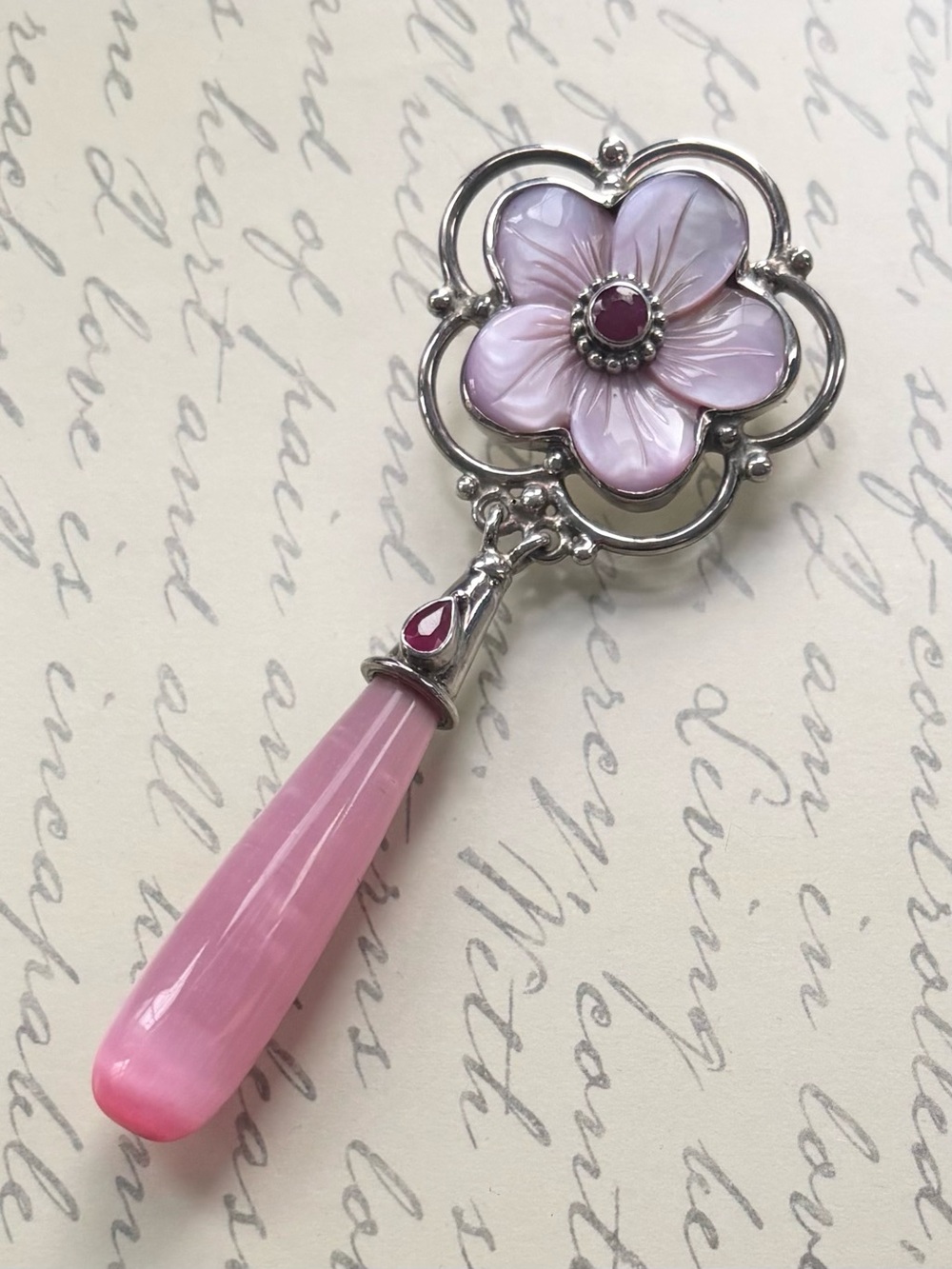Sterling Silver Ruby Sajen Pink MOP Flower Drop Pendant Necklace Pin